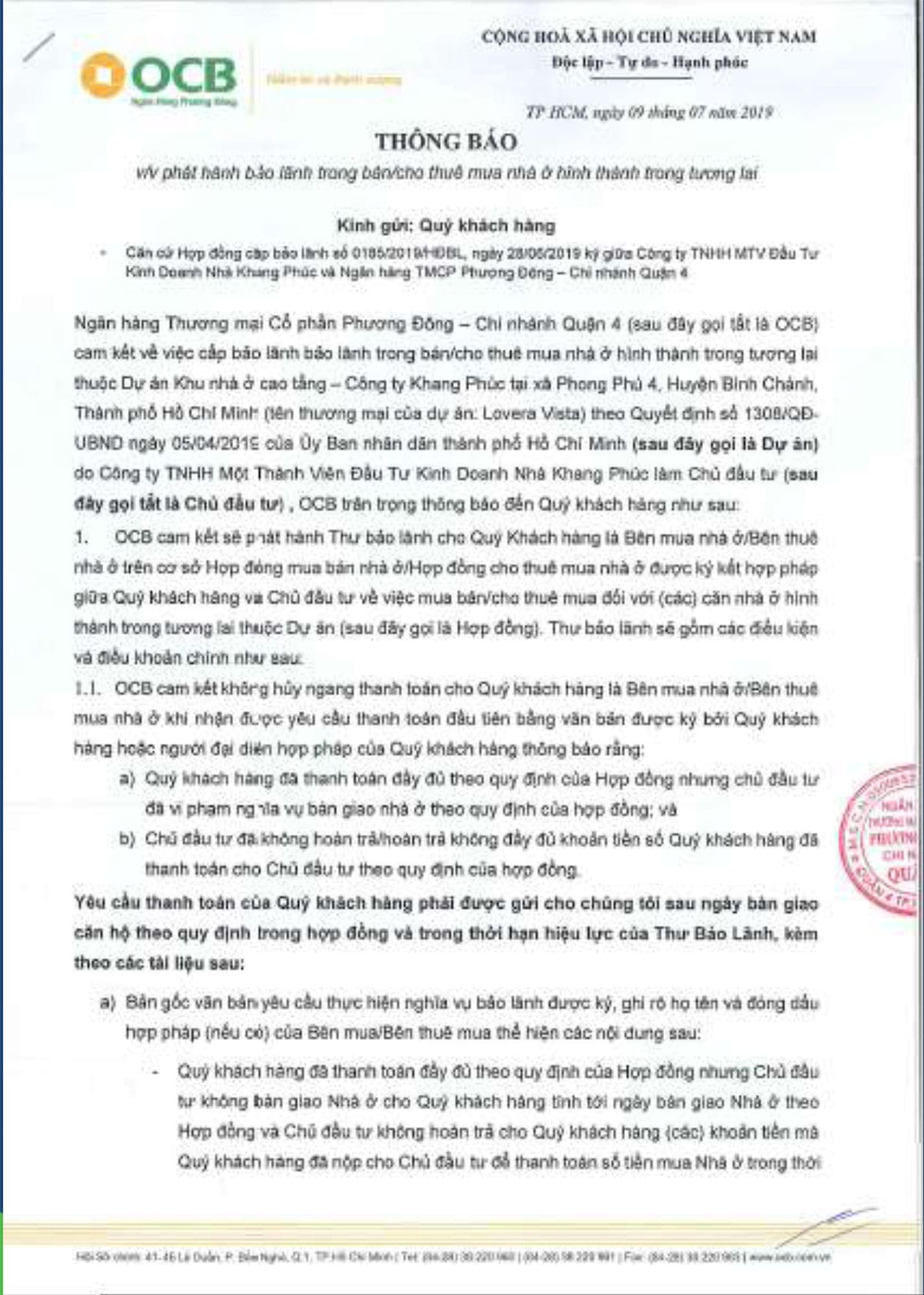 Ngan Hang OCB bao lanh du an Lovera Vista